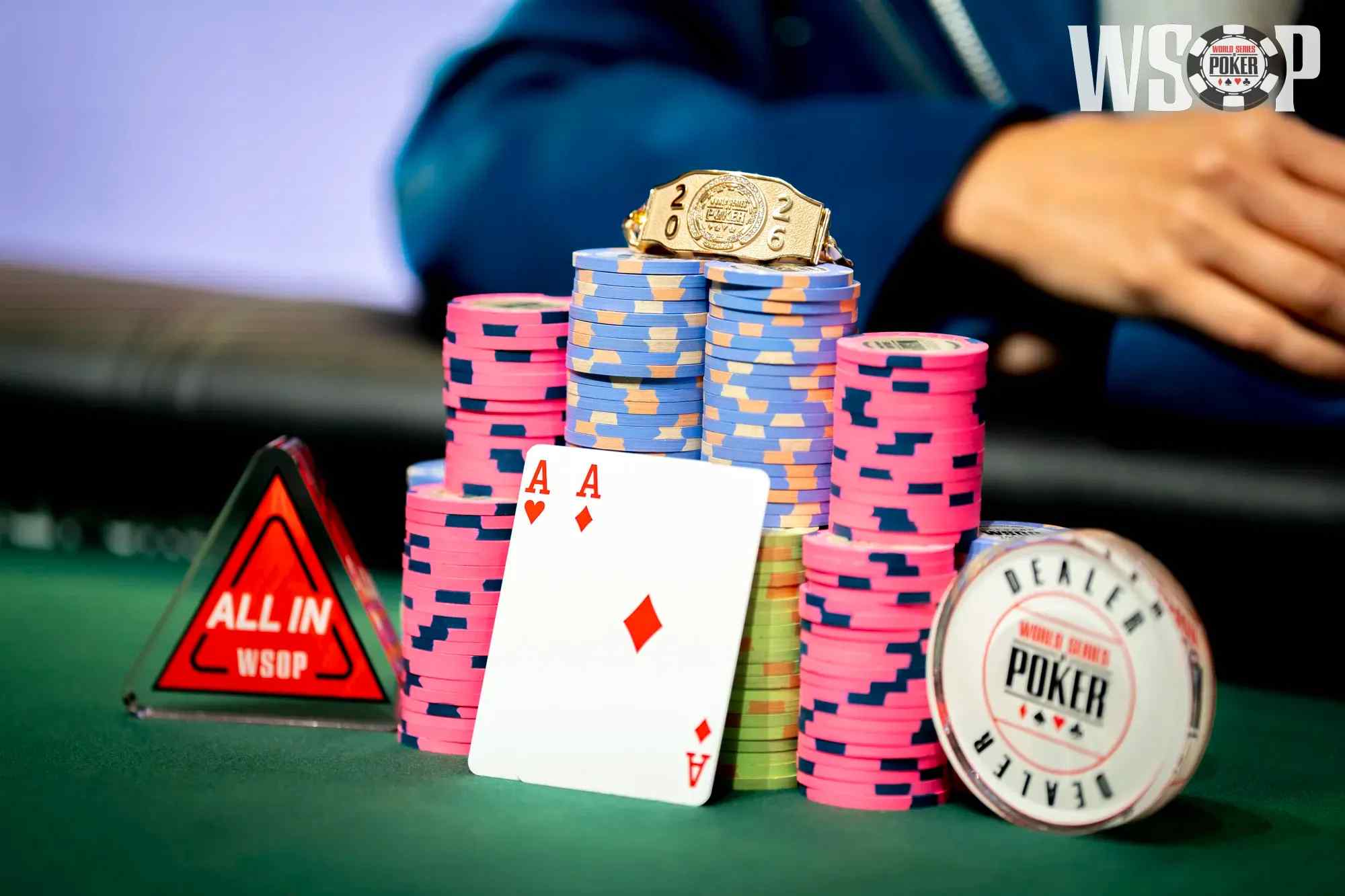 WSOP bracelet with cards and poker chips.